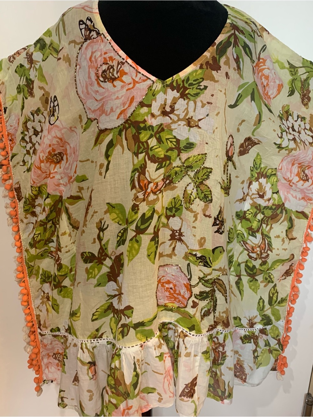 Caribbean Joy One Size Floral Pom-Pom Trim Sheer Tunic/Coverup